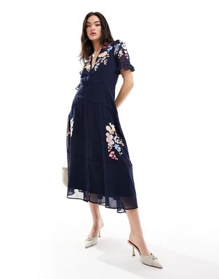 Hope & Ivy embroidered plunge front midi dress in navy