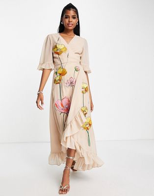 Hope & Ivy embroidered wrap maxi dress in peach floral-Pink