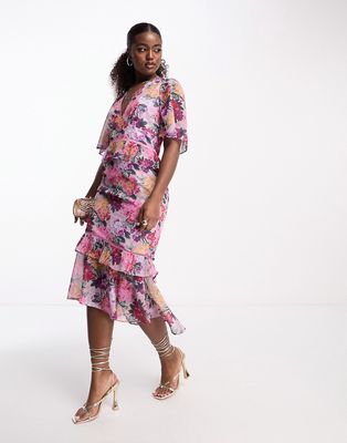 Hope & Ivy flutter sleeve ruffled midi dress in pink floral