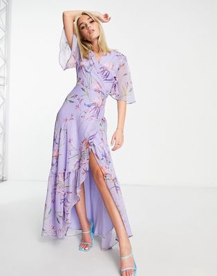 Hope & Ivy flutter sleeve wrap maxi dress in purple floral