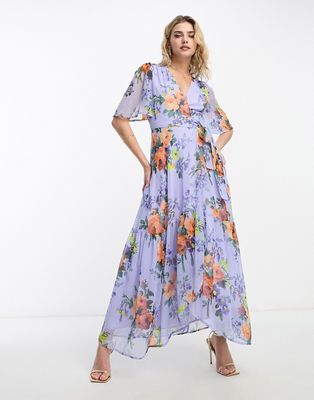 Hope & Ivy flutter sleeve wrap midaxi dress in lilac floral-Purple