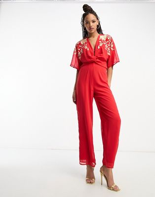 Hope & Ivy kimono front embroidered jumpsuit in red