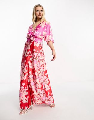 Hope & Ivy kimono sleeve contrast floral maxi dress in pink and red-Multi