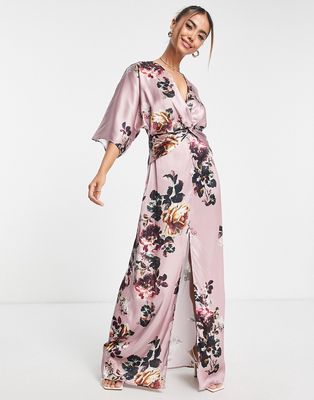 Hope & Ivy kimono sleeve satin maxi dress in mauve-Brown