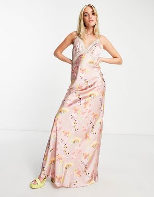 Hope & Ivy lace insert satin maxi dress in lilac floral-Purple
