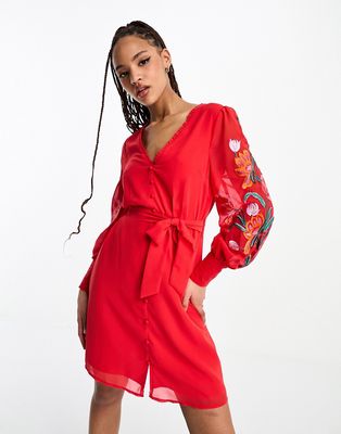 Hope & Ivy long sleeve embroidered wrap mini dress in red