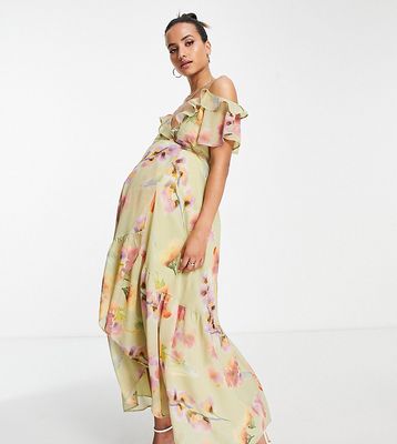 Hope & Ivy Maternity cold shoulder ruffle maxi dress in sage floral-Green