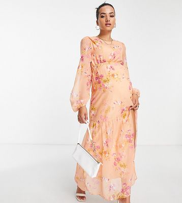 Hope & Ivy Maternity cut-out balloon sleeve maxi dress in peach and ochre floral-White