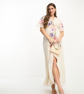 Hope & Ivy Maternity embroidered floral maxi dress in ivory-White