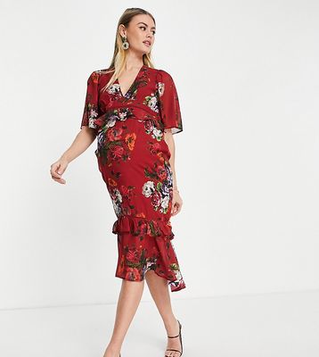 Hope & Ivy Maternity flutter sleeve midi tea dress in mixed floral-Multi