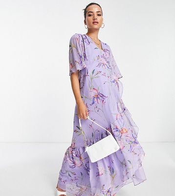 Hope & Ivy Maternity flutter sleeve wrap maxi dress in purple floral-White