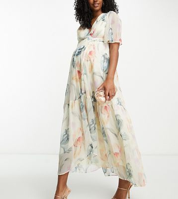 Hope & Ivy Maternity flutter sleeve wrap midi dress in cream floral-White