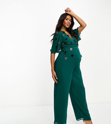 Hope & Ivy Maternity jumpsuit with embellishment in emerald-Green