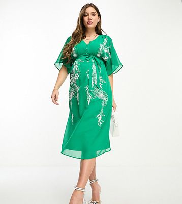 Hope & Ivy Maternity plunge front embroidered midi dress in green