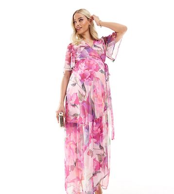 Hope & Ivy Maternity ruffle wrap maxi dress in pink floral