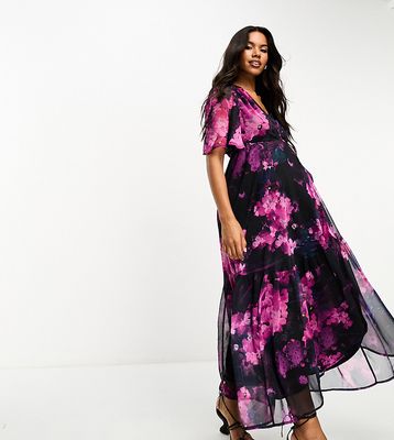 Hope & Ivy Maternity wrap maxi dress with flutter sleeves in purple floral-Multi