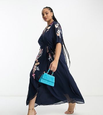 Hope & Ivy Plus flutter sleeve embroidered wrap maxi dress in navy floral-Purple