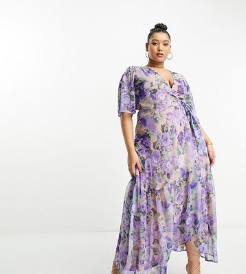 Hope & Ivy Plus flutter sleeve wrap maxi dress in blue floral