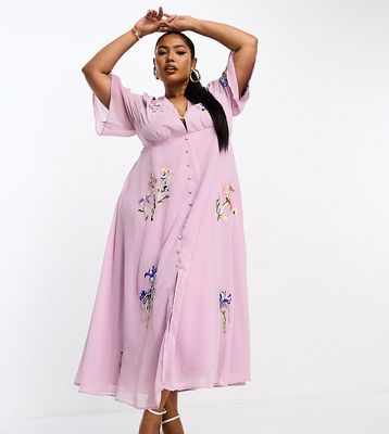 Hope & Ivy Plus plunge front embroidered maxi dress in lilac-Purple