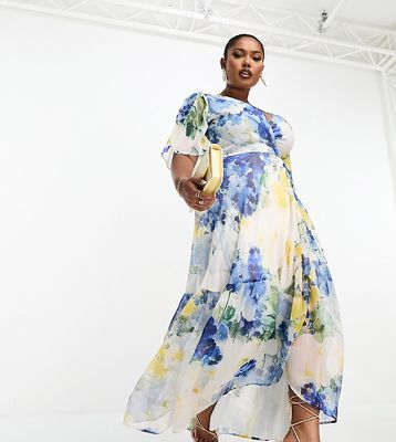 Hope & Ivy Plus ruffle wrap maxi dress in blue floral print-Multi