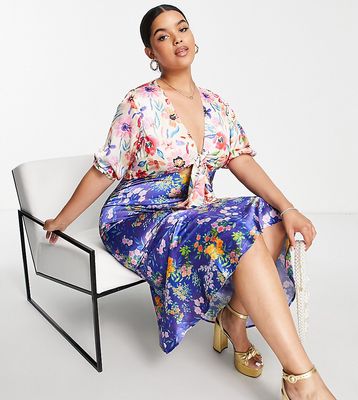 Hope & Ivy Plus tie front midi tea dress contrast floral-White