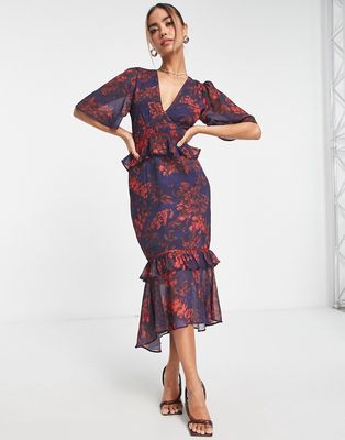 Hope & Ivy ruffle midi dress in navy and red floral