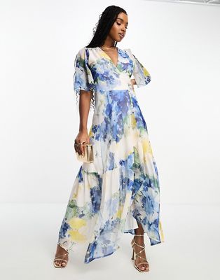 Hope & Ivy ruffle wrap maxi dress in blue floral print-Multi