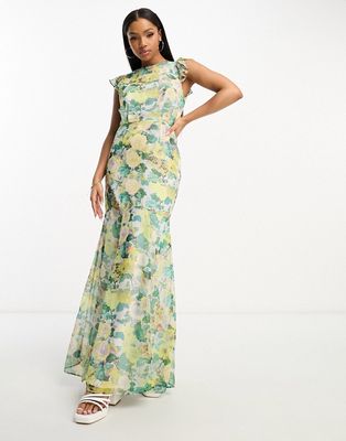Hope & Ivy tie back frill maxi dress in green floral-Multi