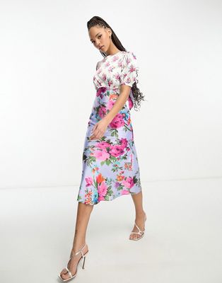 Hope & Ivy tie back puff sleeve midi dress in contrast floral-Multi