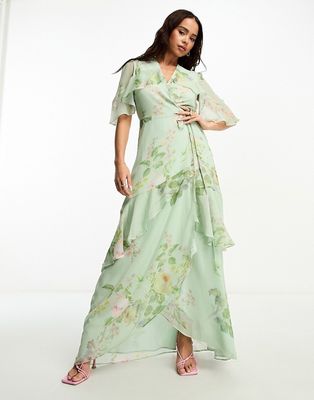Hope & Ivy tiered ruffle wrap maxi dress in sage green
