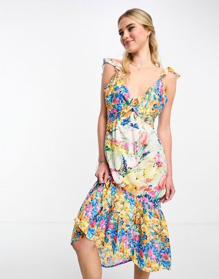 Hope & Ivy twist front high low midi dress in bright floral-Multi
