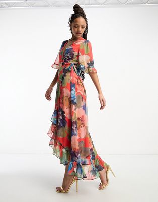 Hope & Ivy wrap midaxi dress in mixed floral-Multi