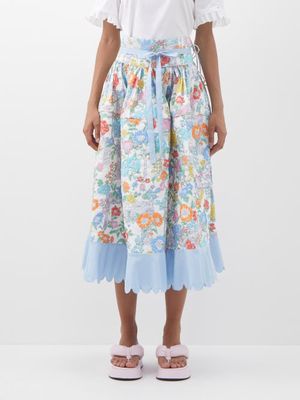Horror Vacui - Cloe Quilted Floral-print Cotton Midi Skirt - Womens - White Multi