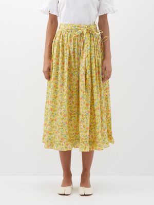 Horror Vacui - Lina Floral-print Cotton-poplin Midi Skirt - Womens - Yellow Multi