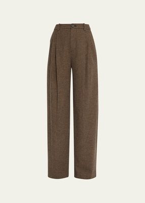 Houndstooth Pleated-Front Straight-Leg Pants
