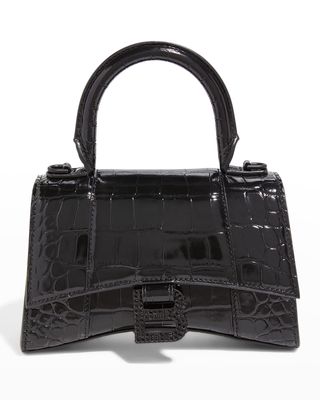 Hourglass XS Shiny Croc-Embossed Top-Handle Bag