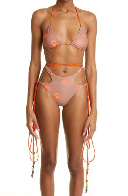 HOUSE OF AAMA Beaded Two-Piece Swimsuit in Brown/Orange