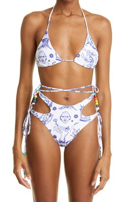 HOUSE OF AAMA Beaded Two-Piece Swimsuit in White/Navy