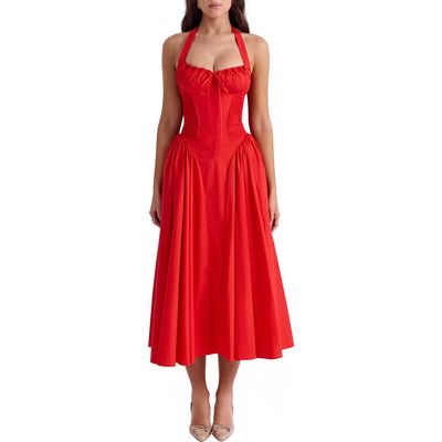 HOUSE OF CB Adabella Halter Neck Midi Dress in Flame Scarlet 