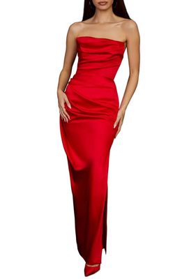HOUSE OF CB Adrienne Gathered Satin Strapless Gown in Scarlet
