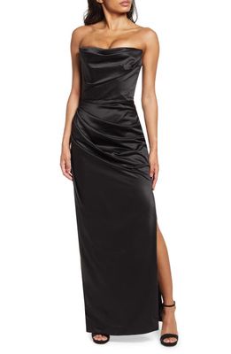 HOUSE OF CB Adrienne Satin Strapless Gown in Black