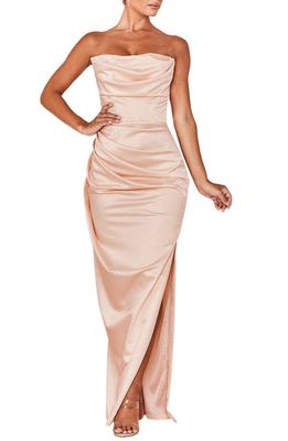 HOUSE OF CB Adrienne Satin Strapless Gown in Blush