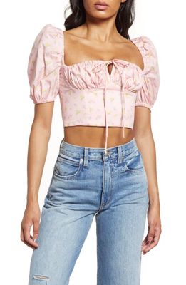 HOUSE OF CB Arianna Puff Sleeve Crop Corset Top in Pink Floral
