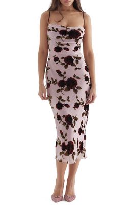 HOUSE OF CB Azura Floral Devore Strapless Midi Dress in Pink Floral