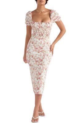 HOUSE OF CB Bellucci Floral Smocked Midi Dress in Rose Print