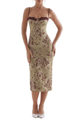 HOUSE OF CB Cassia Lace Corset Midi Dress in Olive