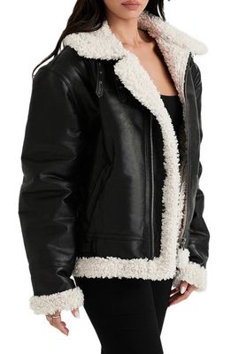 HOUSE OF CB Faux Leather Bomber Jacket with Faux Shearling Trim in Black