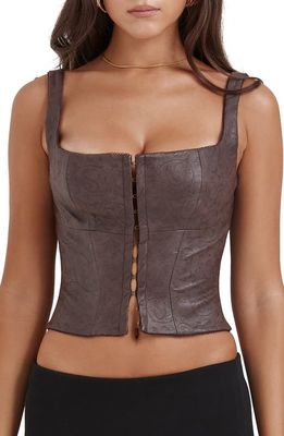HOUSE OF CB Faux Leather Crop Corset Tank in Brown Leather