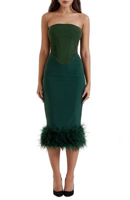 HOUSE OF CB Fionula Strapless Feather Hem Midi Dress in Emerald Green