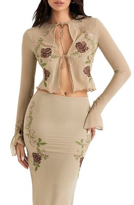 HOUSE OF CB Floral Embroidered Tie Front Mesh Top in Artichoke